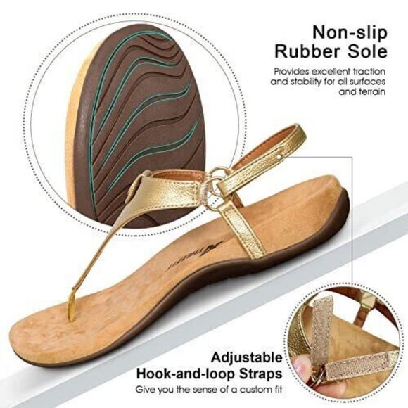 Athlefit Women's Comfortable Orthopedic Sandals Thong Dressy T-Strap SIZE 9 GOLD - Picture 15 of 15